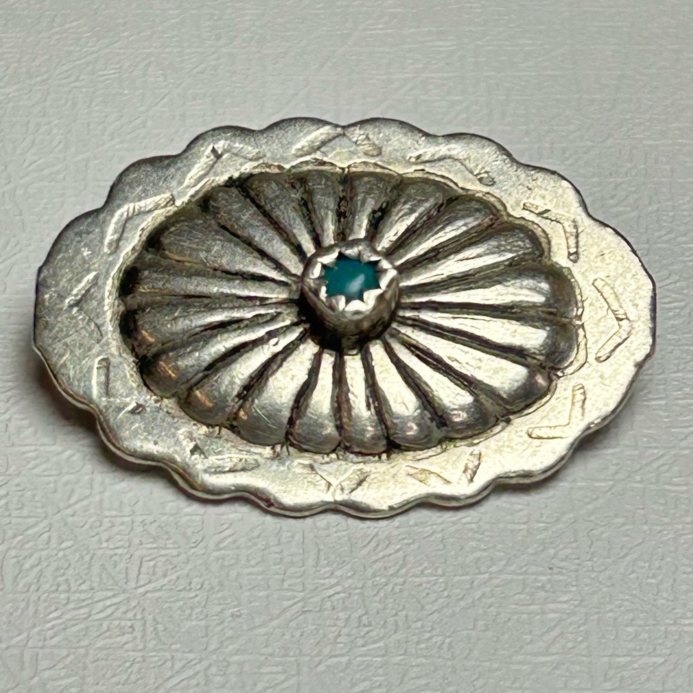 Silver Tone Turquoise Concho Stamped Design Brooch Southwestern Design